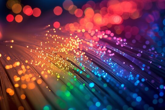 Bundled optical fibre glowing optic Colorful cables. Internet and high speed data transmission