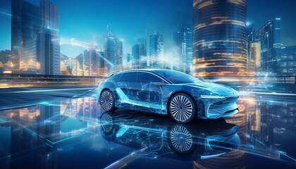 futuristic car combined with virtual space on modern buildings - obrazy, fototapety, plakaty