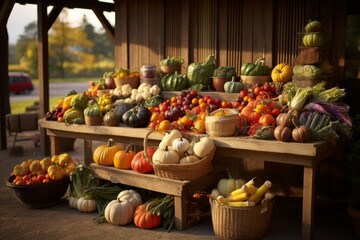 Fall harvest market with vegetables and fruits