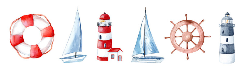 Watercolor set of illustrations with lighthouse and sailboats. Yachting drawing isolated on white background. Lifebuoy and steering wheel for design and cards © Tatyana Sidorova