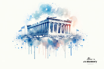 Depict the Parthenon on the Acropolis of Athens in a minimalist watercolour style. Greek flag and the country's ancient heritage.