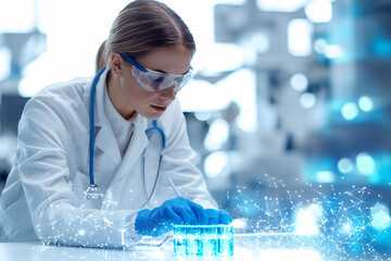 Scientists are experimenting and research with molecule model, DNA, Human Biology, Genetic research, Science with molecules and atoms in the laboratory, Medical science and biotechnology.