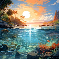 tropical island at sunset
