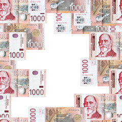 Seamless pattern with Serbian one-thousand dinar banknotes and copy space