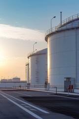 Obraz premium Side view of oil terminal storage tank, White oil tank storage chemical petroleum petrochemical refinery product at oil terminal. generative AI