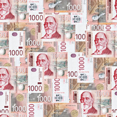 Seamless pattern with Serbian one-thousand dinar banknotes