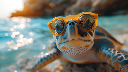 Sunny day. Turtle with orange sunglasses is on sand. Sea background. Selective focus. Copy space. Travel concept 