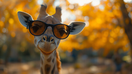 Cute giraffe with sunglasses is outdoors. Nature background. Selective focus. Copy space. 