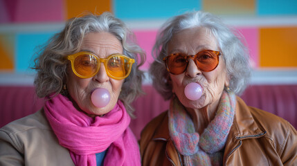 Obraz premium Two old women with glasses and bubble gums on colourful background. Selective focus. Funny atmosphere. 