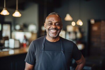 Fototapeta premium Portrait of a happy male cafe owner with apron in restaurant