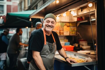Smiling portrait of a middle aged food truck owner