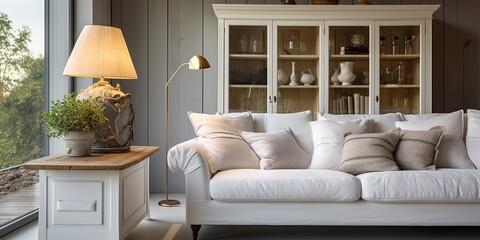 A living room with a white sofa adorned with pillows, situated amidst a large lamp and wooden cupboard.