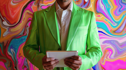 Fototapeta premium illustration in which a man is wearing a suit and holding a tablet, colorful surrealist, pop art prints
