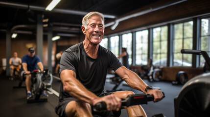 Fototapeta na wymiar A rowing machine user in a gym, working on cardiovascular fitness and upper body strength