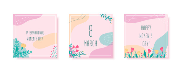 International Women's Day square cards set. Spring backgrounds with abstract hand drawn floral elements.