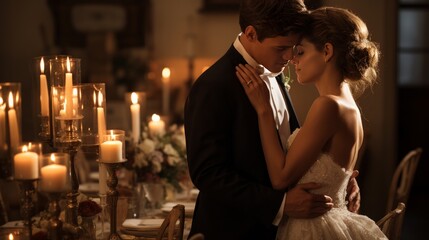 A stolen moment as the couple steals a kiss during their elegant, candlelit reception