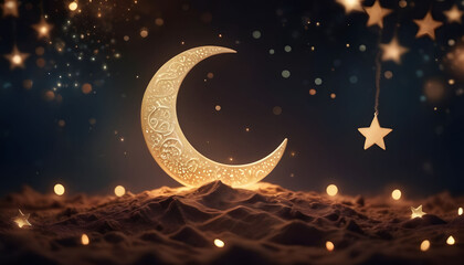 Obraz na płótnie Canvas Islamic Eid celebration background with crescent moon stars 