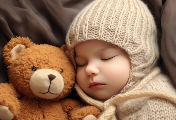 newborn baby sleeping on a fur blanket with ateddy 