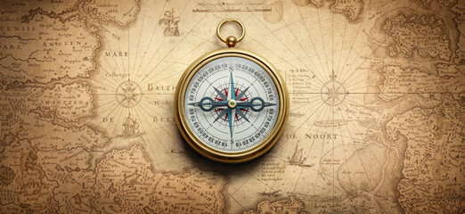 Magnetic old compass on world map. Travel, geography, history, navigation, tourism and exploration...