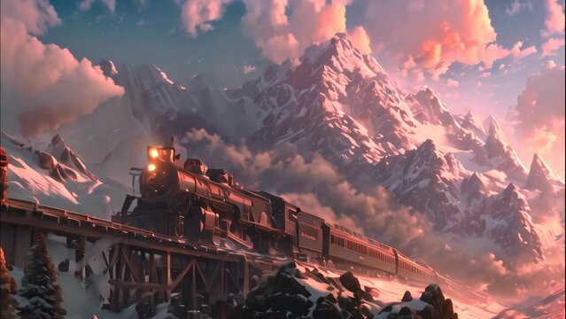 train and mountain views. cartoon and anime style	