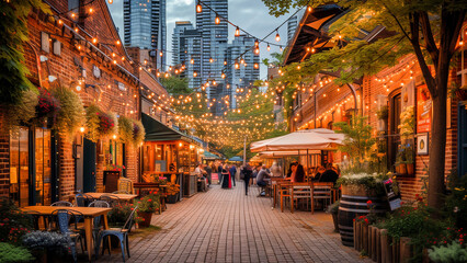 A bustling outdoor dining scene at twilight with string lights, cozy ambiance, and people enjoying an evening out in the city.