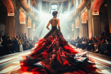 Elegant model walking down the runway in a luxurious red gown during a high-fashion show in a grand interior.