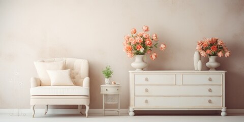 Cozy interior with white sofa, table, chest of drawers, mirror, and flowers.