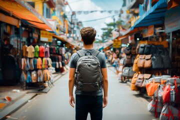 A young man with a backpack exploring a bustling street market, capturing the essence of urban travel and local culture.