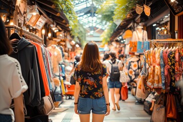 Young woman browsing through a colorful and vibrant clothing market, surrounded by a variety of trendy fashion choices.