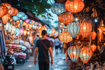 Fototapeta premium Man walking through a vibrant Asian street market adorned with brightly lit traditional lanterns at night.