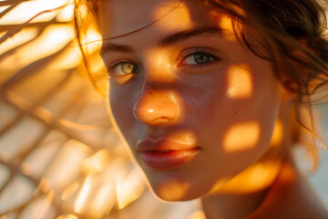 Close-up detailed portrait of a beautiful young woman with blue eyes and glowing skin with warm sunlight on her face, concept of sunscreen and skincare in Summer. Natural beauty with no make-up