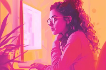 Girl freelancer works on a laptop. Conceptual realistic image