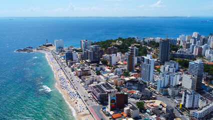 The historic architecture of Salvador in Bahia, Brazil showcasing the Farol da Barra Lighthouse at...