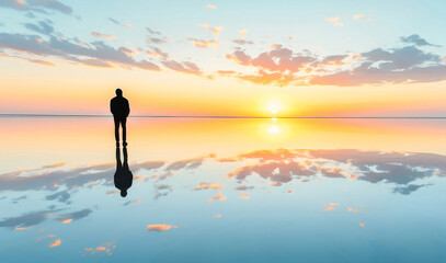 A serene silhouette of a person reflected on water during a beautiful sunset, evoking peace and tranquility.