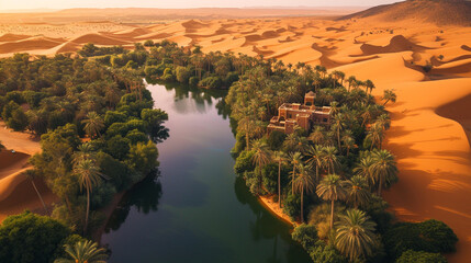 A serene oasis in the heart of the Persian desert, with verdant palm groves, tranquil lagoons, and ancient caravanserais nestled amidst towering sand dunes, offering weary traveler - obrazy, fototapety, plakaty