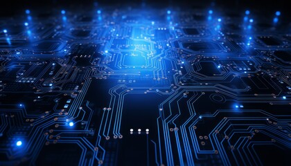 close up of a microchip circuit board of a computer with neon lights