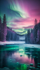 beautiful winter landscape with the aurora borealis dancing in the sky