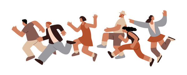 A group of people are running and waving their arms. Men and women want to see something interesting. Color vector illustration isolated on a white background in a cartoon and flat design.