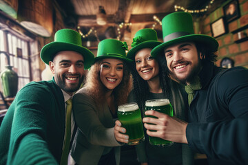 cuatro jovenes con sombrero de copa y vestimenta verde típica de la fiesta de san patricio irlandesa, con jarras de cerveza verde, haciéndose un selfie en un Pub típico de Irlanda - obrazy, fototapety, plakaty