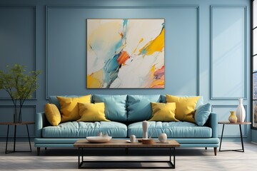 stylist and royal 3d render of a room with a light blue sofa an art canvas and blue and yellow cushions