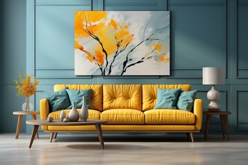 stylist and royal 3d render of a room with a light blue sofa an art canvas and blue and yellow cushions