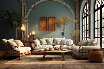 stylist and royal 3d rendering of a bohemian style living room,Octane Render