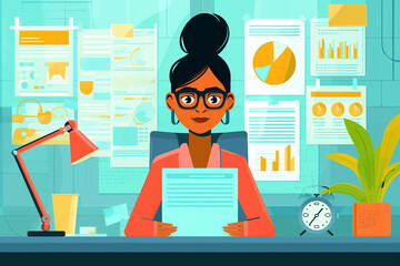 Fototapeta premium Businesswoman sitting on a chair and doing business analysis using computer and digital devices, Girl doing business works at office workspace vector illustration