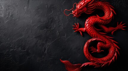 Beautiful black minimalistic background with red Chinese red dragon on the right