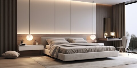 Modern room with spacious bed, furniture, and lighting.