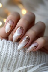 Beautiful painted nails close-up. Fashionable nail extensions with French design - obrazy, fototapety, plakaty