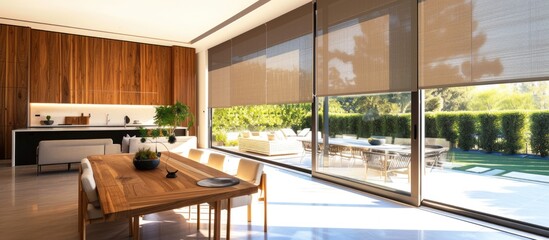 Large automatic double solar blackout roller blinds and electric sunscreen curtains enhance the modern interior with wood decor panels on walls.