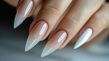 Beautiful painted nails close-up. Fashionable nail extensions with French design - obrazy, fototapety, plakaty