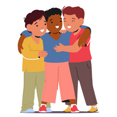 Three Inseparable Boy Characters, Bound By Friendship Warmth, Share A Heartfelt Hug. Laughter Echoes In Their Embrace