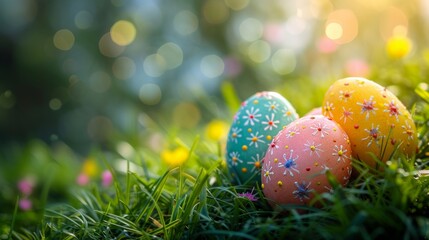 Vibrant Easter eggs hidden in a lush garden, ready for a festive hunt